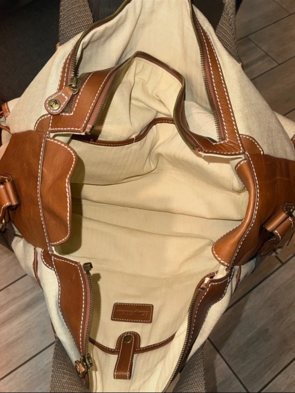 Tommy Bahama Challenge Canvas Leather Messenger Bag Travel Satchel Brown Beige